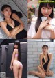 A collage of photos of a woman in a bathing suit.